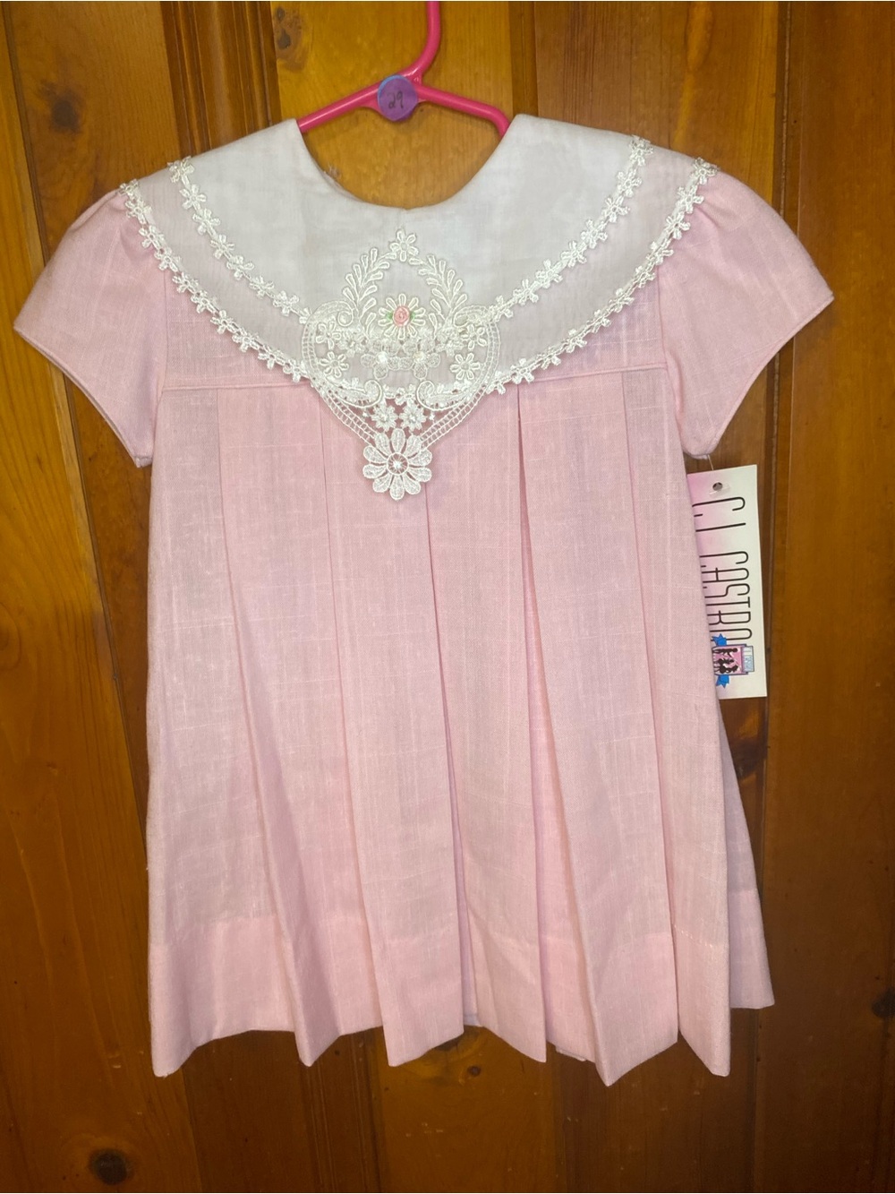 C.I. Castro Pink Girls Pleated Dress with White Lace Collar